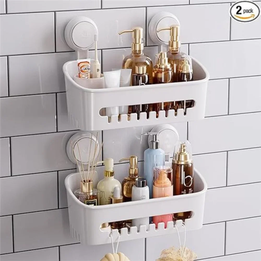 Suction Shower Caddy, Wall Mounted Bath Organizer Shelf, Plastic Shower Rack